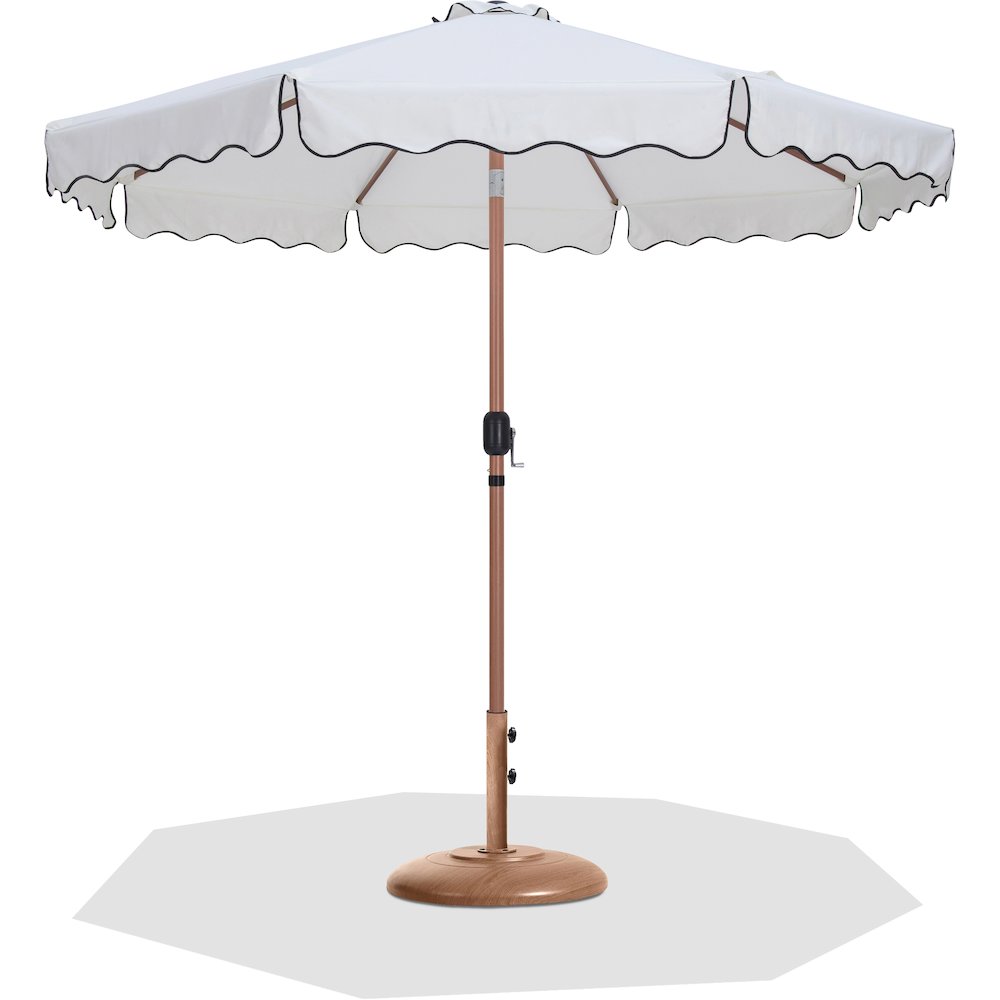 Amalfi White With Black Piping / Teak Metal Patio Umbrella with Base Sets. Picture 1