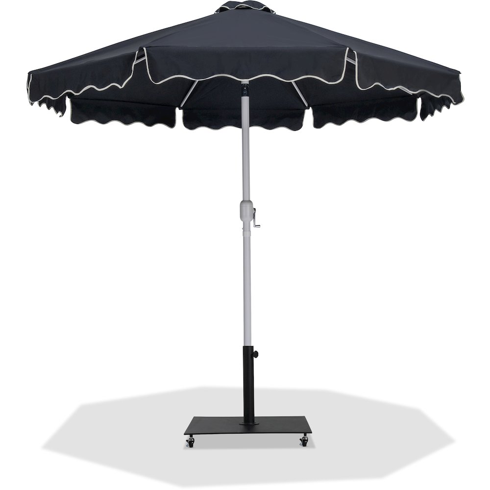 Amalfi Black With Cream Piping / Matte Black Metal Patio Umbrella with Base Sets. Picture 1