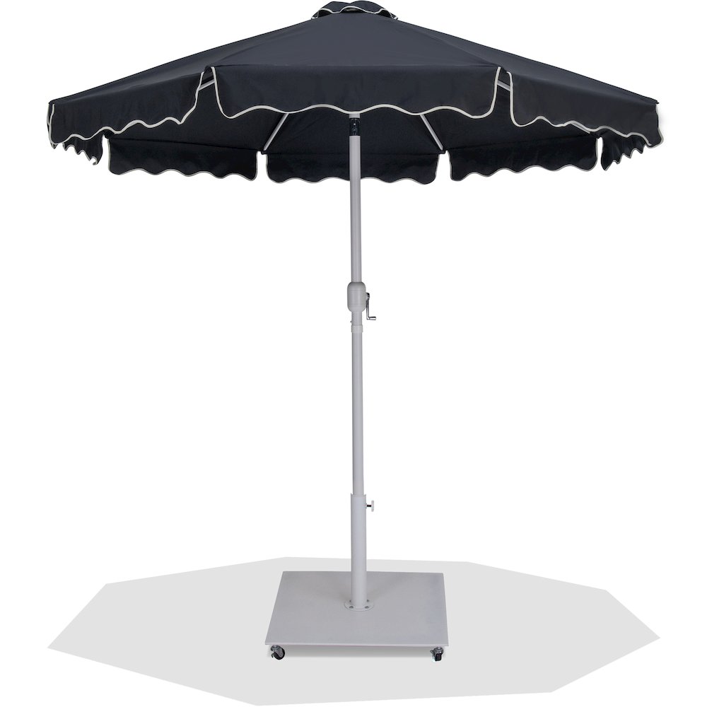 Amalfi Black With Cream Piping / Matte White Metal Patio Umbrella with Base Sets. Picture 1