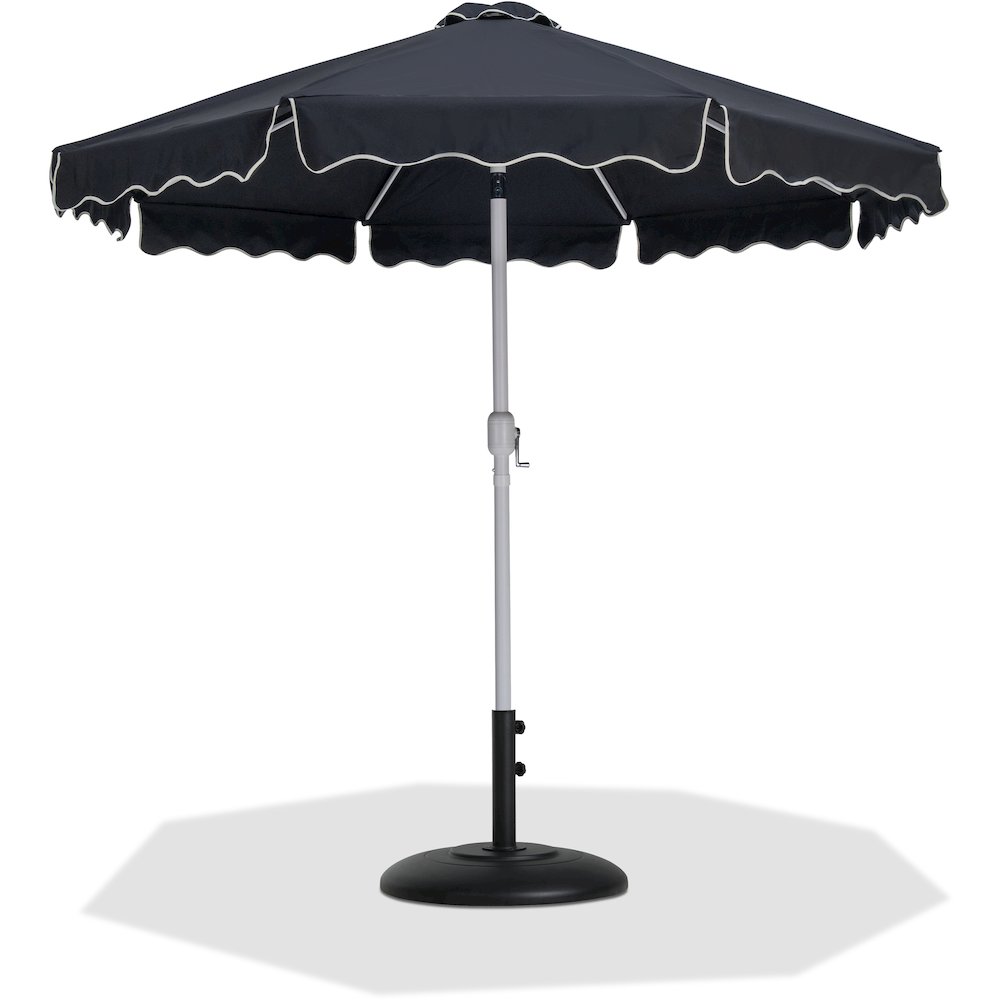 Amalfi Black With Cream Piping / Matte Black Metal Patio Umbrella with Base Sets. Picture 1