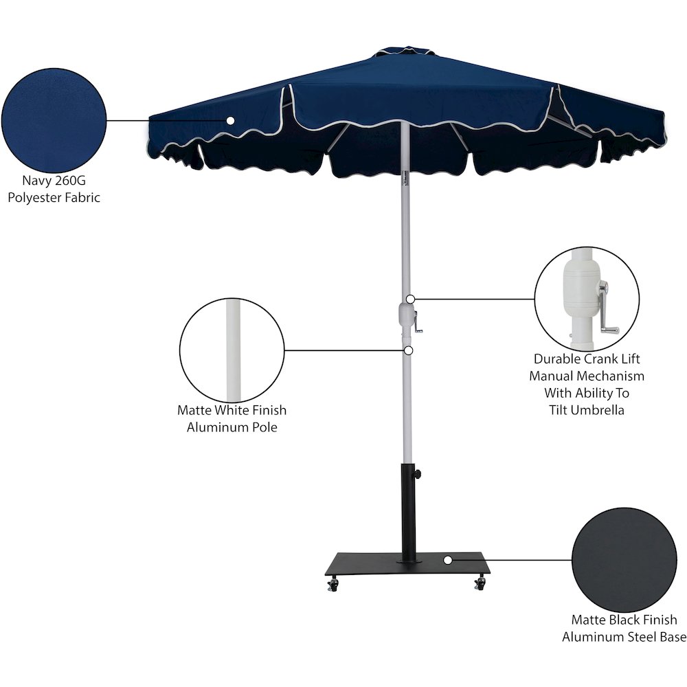 Amalfi Navy With Cream Piping / Matte Black Metal Patio Umbrella with Base Sets. Picture 18