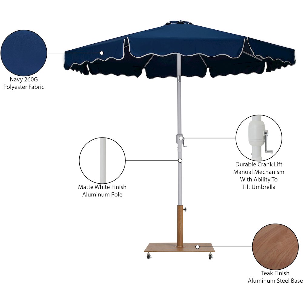Amalfi Navy With Cream Piping / Teak Metal Patio Umbrella with Base Sets. Picture 18