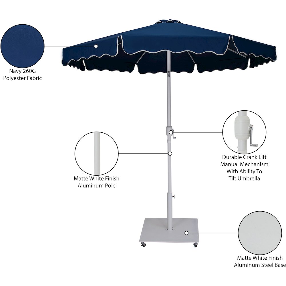 Amalfi Navy With Cream Piping / Matte White Metal Patio Umbrella with Base Sets. Picture 18