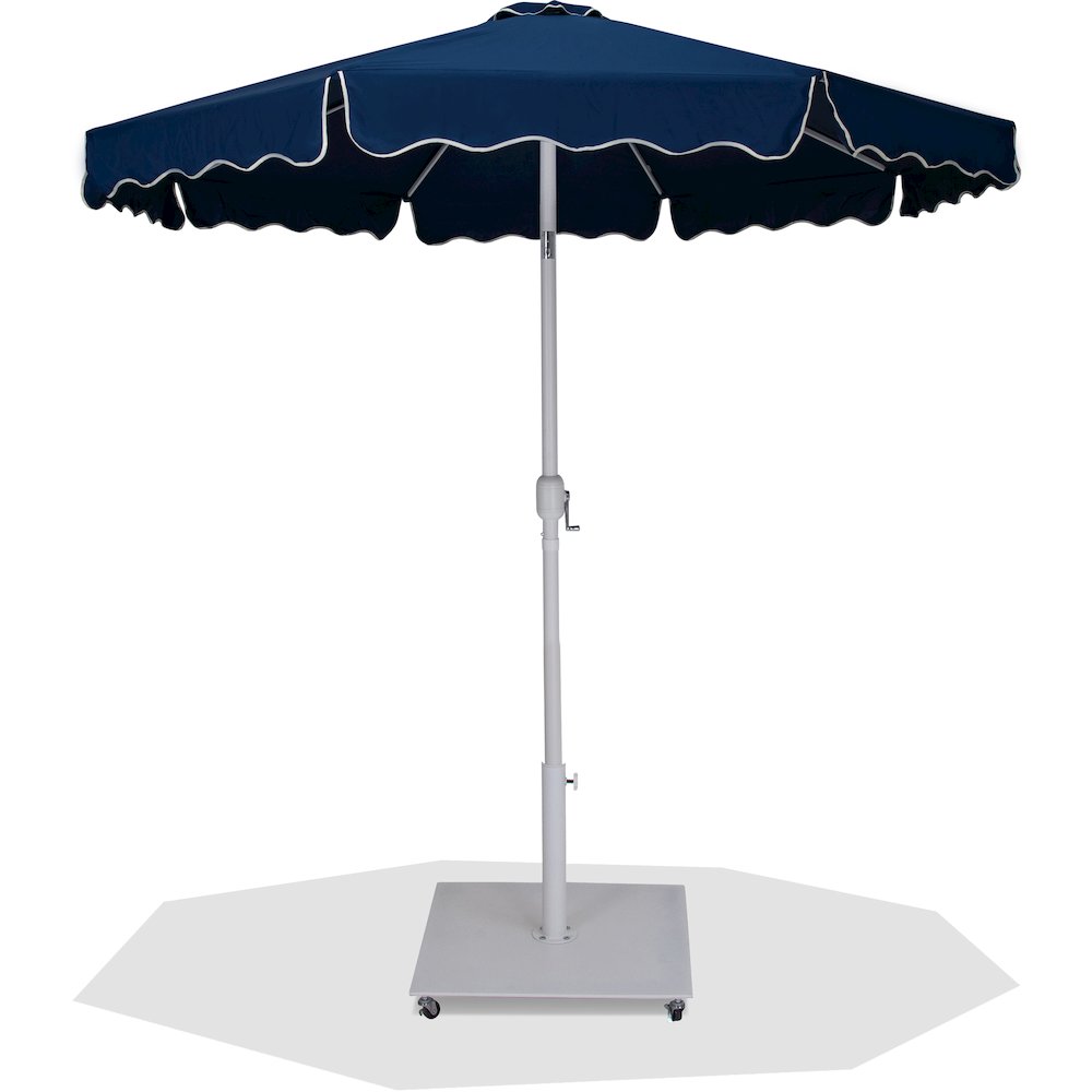 Amalfi Navy With Cream Piping / Matte White Metal Patio Umbrella with Base Sets. Picture 1