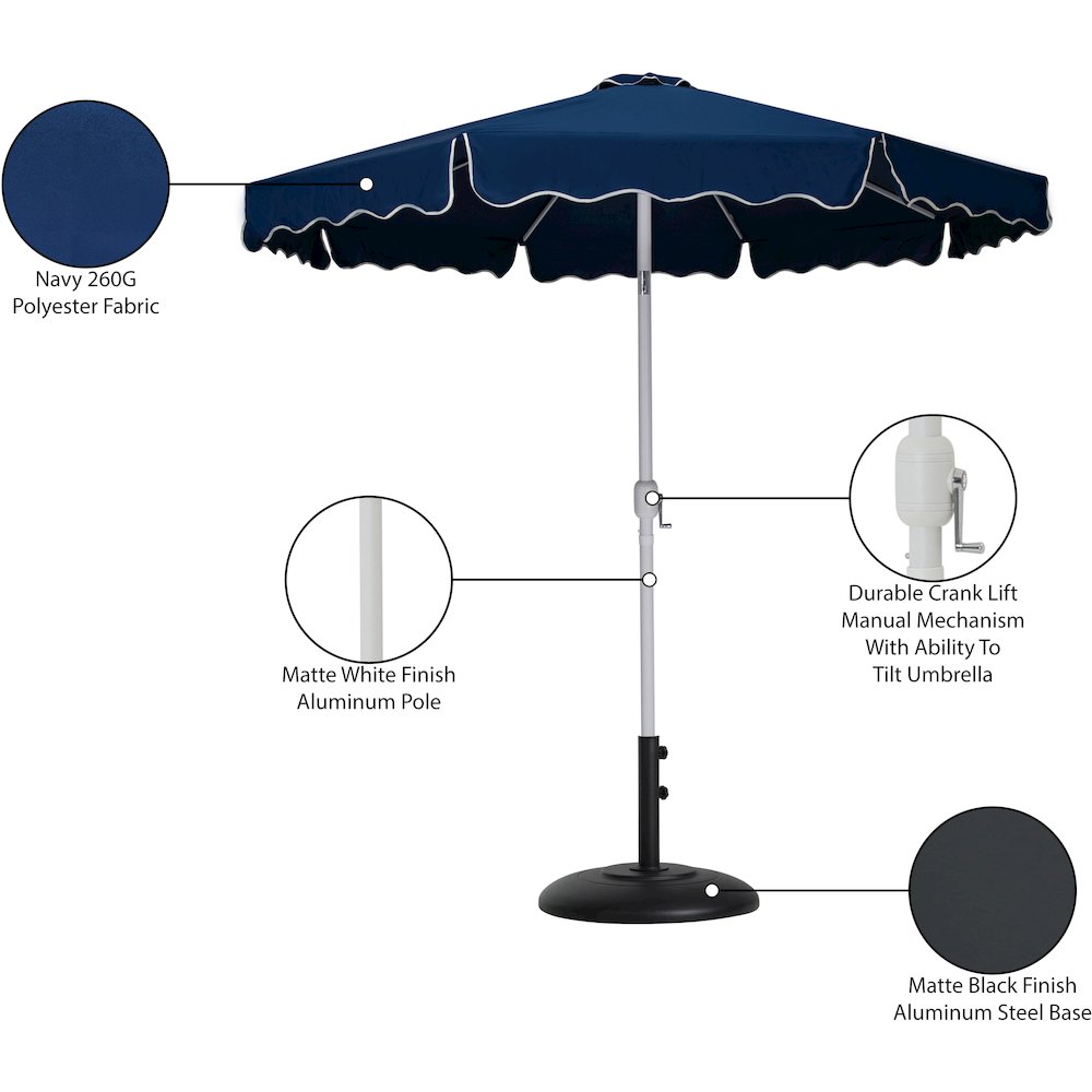 Amalfi Navy With Cream Piping / Matte Black Metal Patio Umbrella with Base Sets. Picture 16