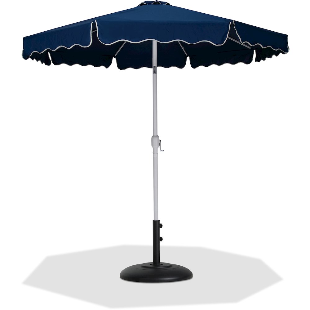 Amalfi Navy With Cream Piping / Matte Black Metal Patio Umbrella with Base Sets. Picture 1