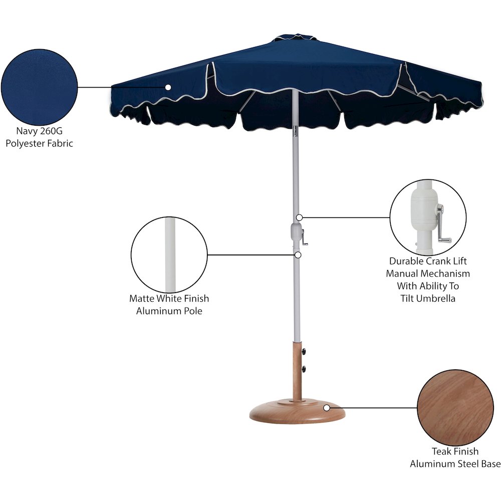 Amalfi Navy With Cream Piping / Teak Metal Patio Umbrella with Base Sets. Picture 16