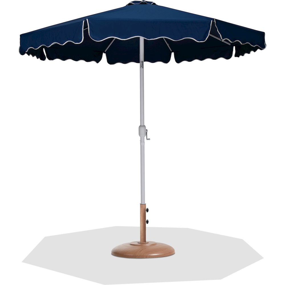 Amalfi Navy With Cream Piping / Teak Metal Patio Umbrella with Base Sets. Picture 1