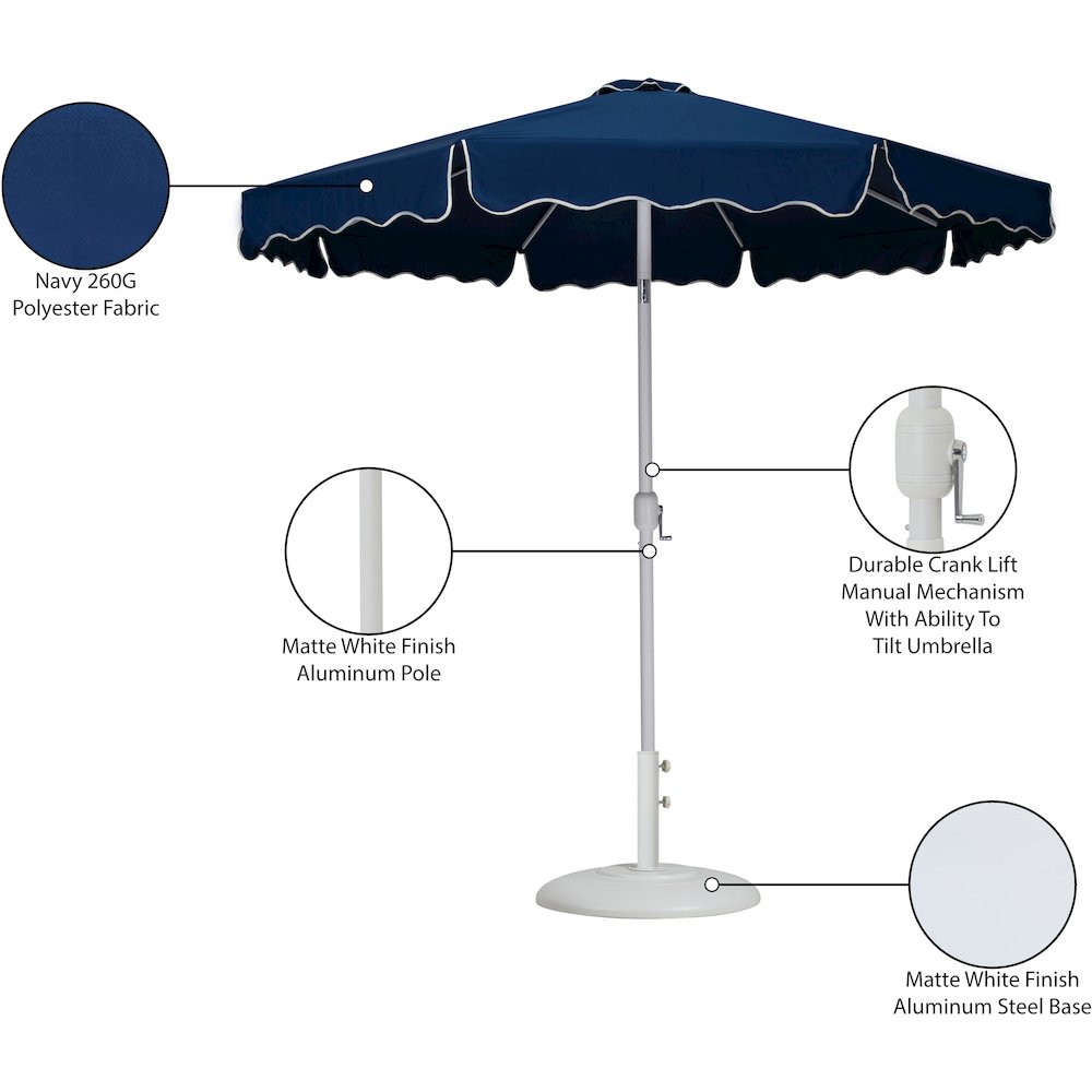 Amalfi Navy With Cream Piping / Matte White Metal Patio Umbrella with Base Sets. Picture 16