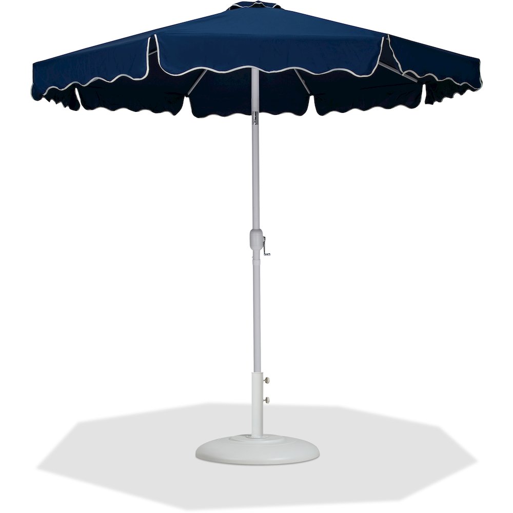 Amalfi Navy With Cream Piping / Matte White Metal Patio Umbrella with Base Sets. Picture 1