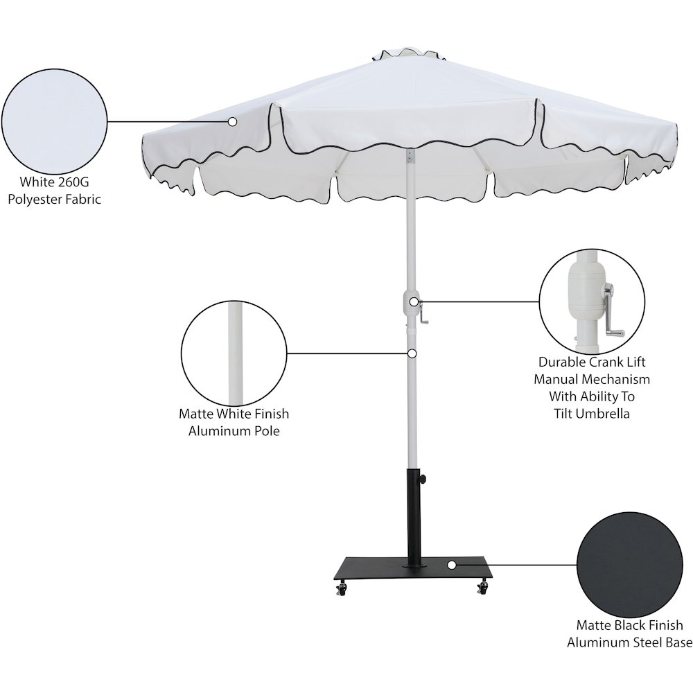 Amalfi White With Black Piping / Matte Black Metal Patio Umbrella with Base Sets. Picture 18