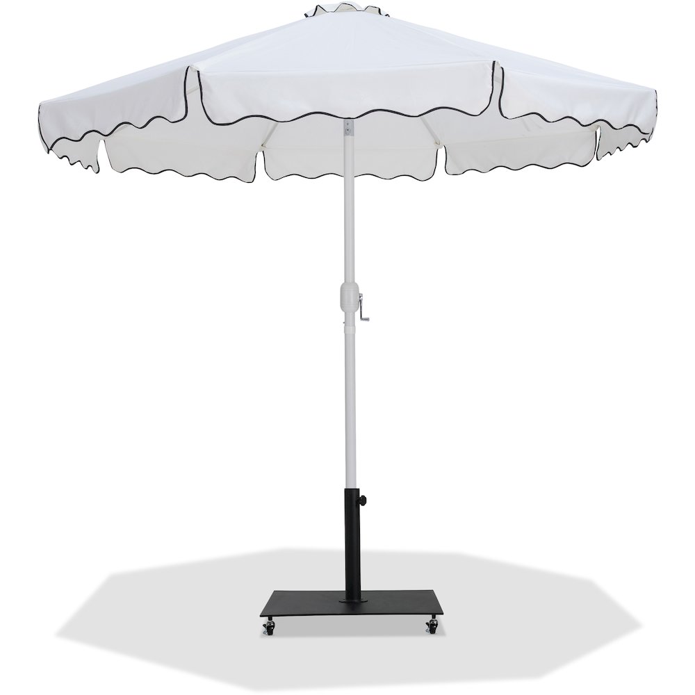 Amalfi White With Black Piping / Matte Black Metal Patio Umbrella with Base Sets. Picture 1