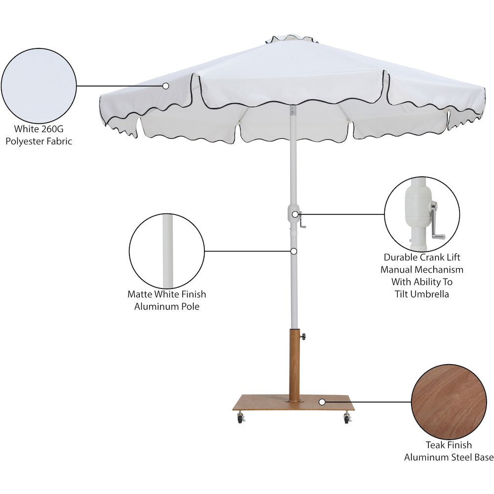 Amalfi White With Black Piping / Teak Metal Patio Umbrella with Base Sets. Picture 18