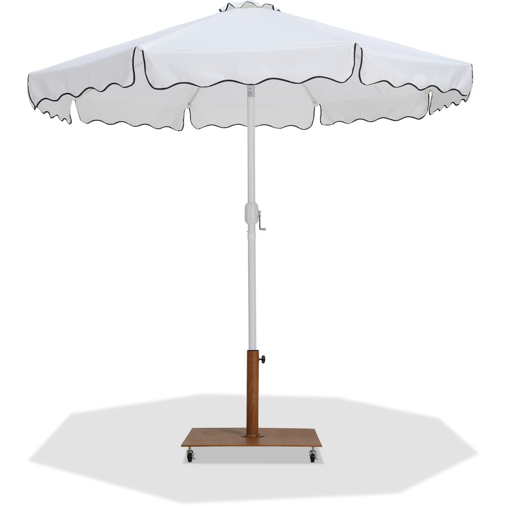 Amalfi White With Black Piping / Teak Metal Patio Umbrella with Base Sets. Picture 1