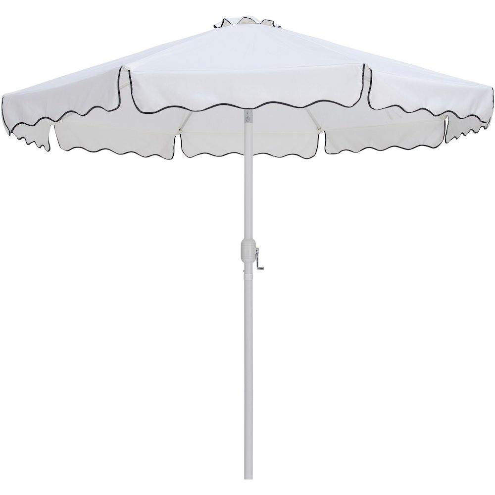 Amalfi White With Black Piping / Teak Metal Patio Umbrella with Base Sets. Picture 2