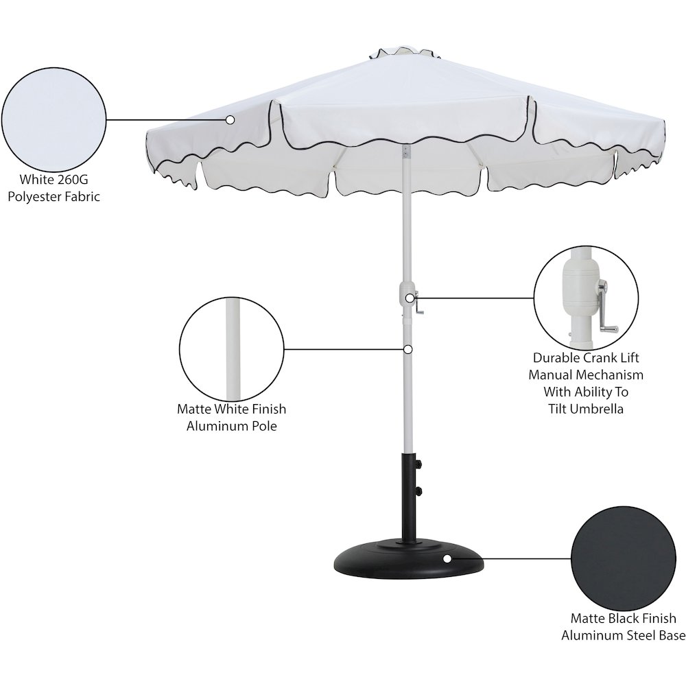 Amalfi White With Black Piping / Matte Black Metal Patio Umbrella with Base Sets. Picture 16