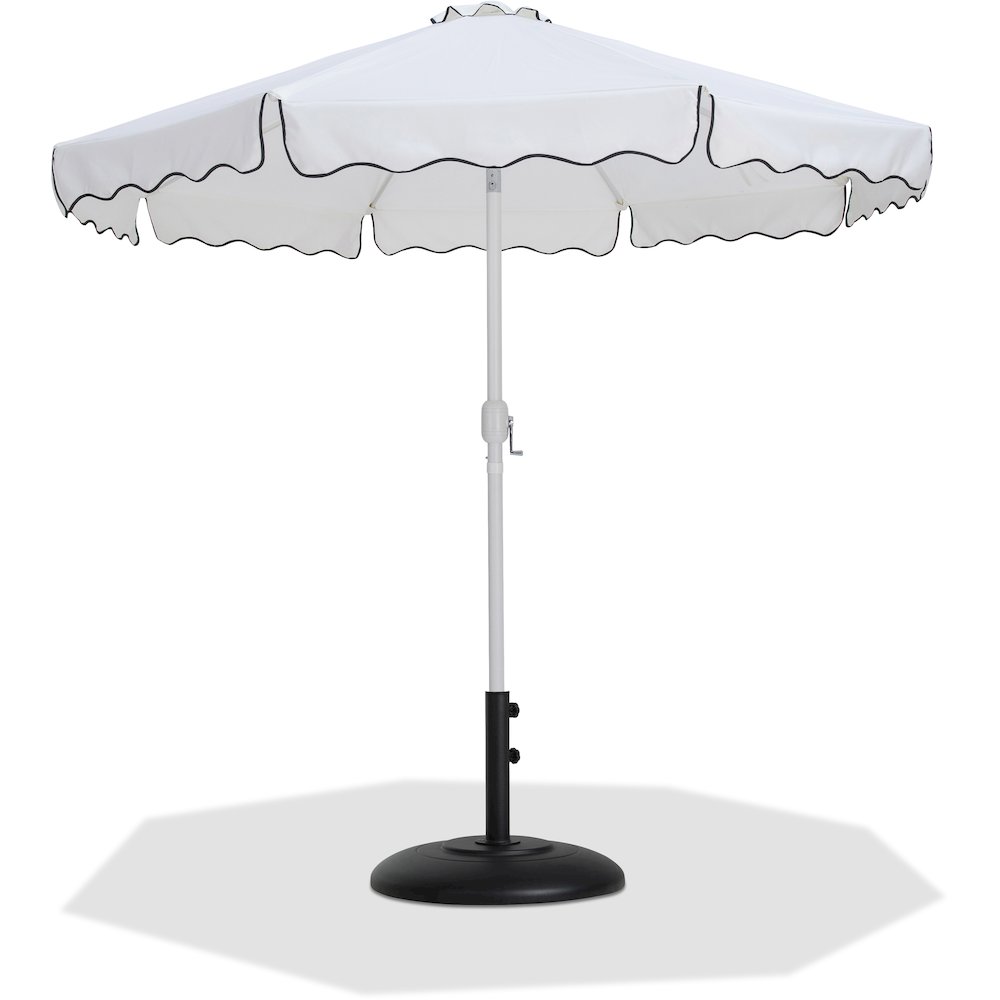 Amalfi White With Black Piping / Matte Black Metal Patio Umbrella with Base Sets. Picture 1