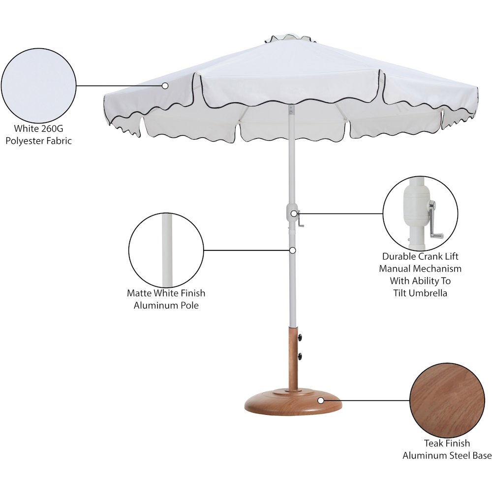 Amalfi White With Black Piping / Teak Metal Patio Umbrella with Base Sets. Picture 16