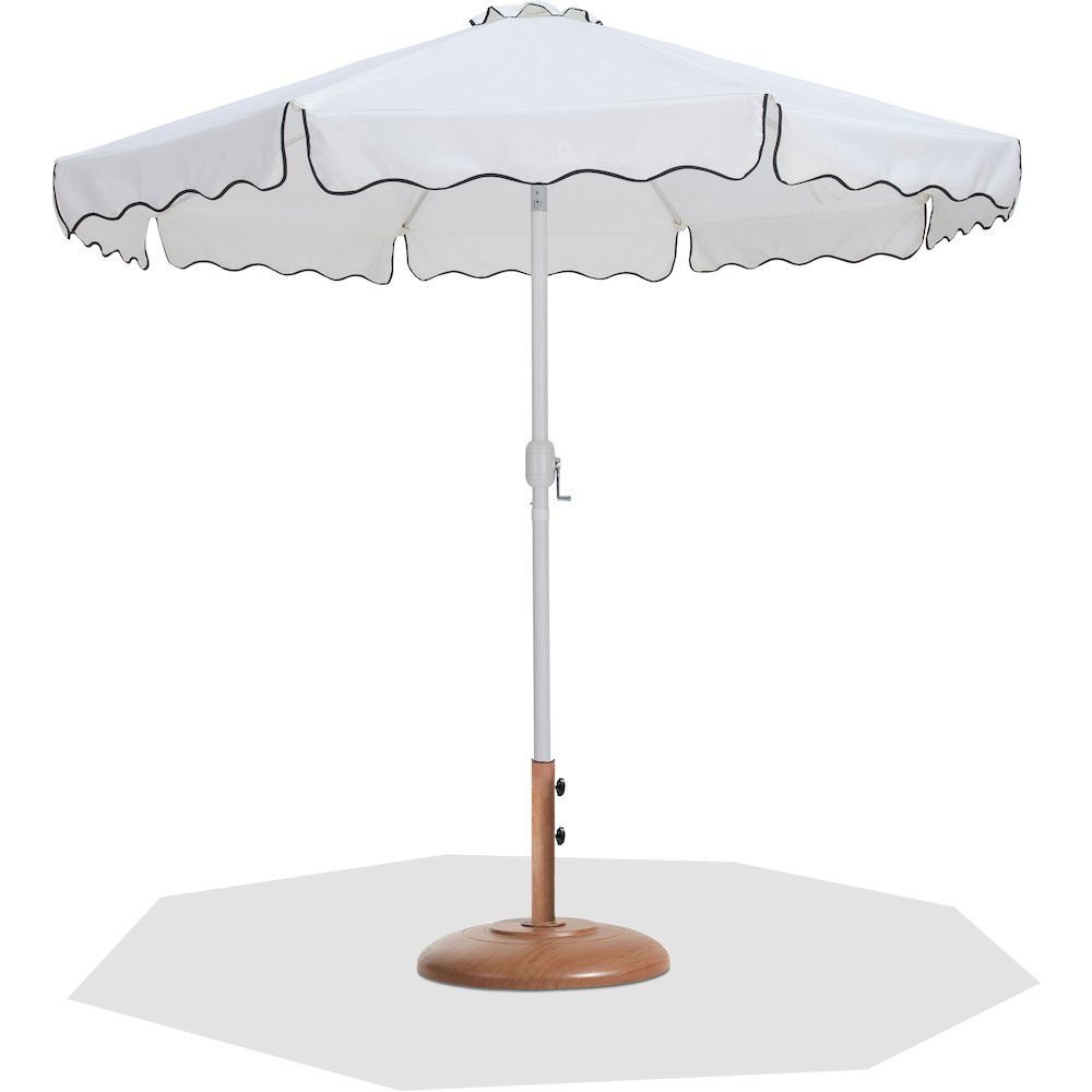 Amalfi White With Black Piping / Teak Metal Patio Umbrella with Base Sets. Picture 1