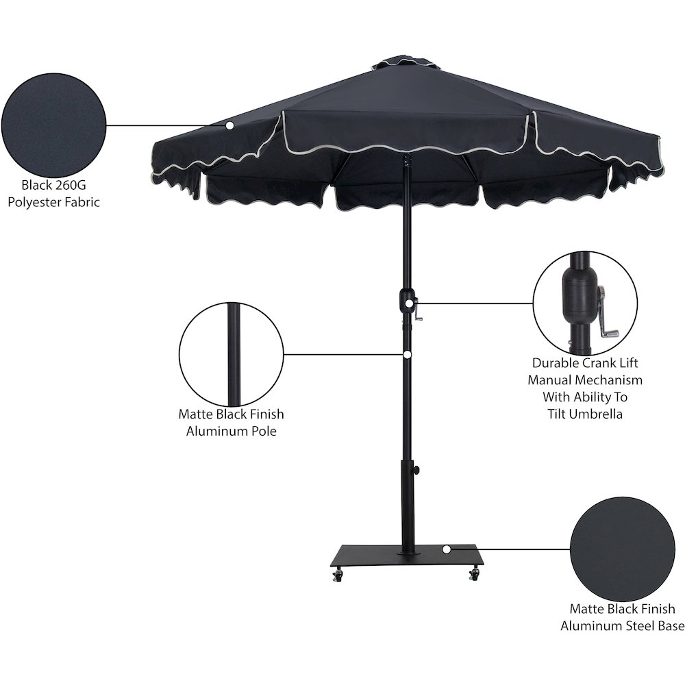 Amalfi Black With Cream Piping / Matte Black Metal Patio Umbrella with Base Sets. Picture 18