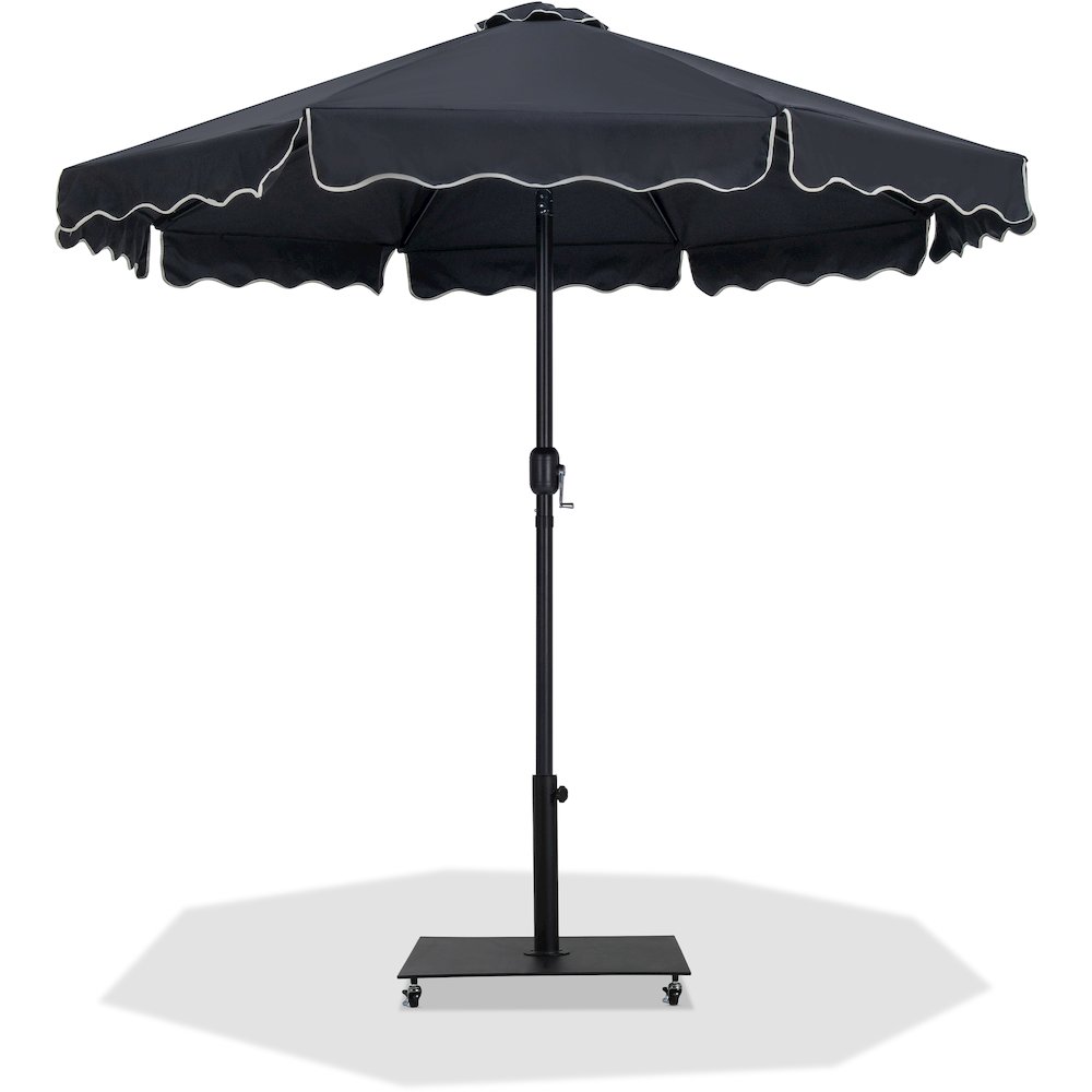 Amalfi Black With Cream Piping / Matte Black Metal Patio Umbrella with Base Sets. Picture 1