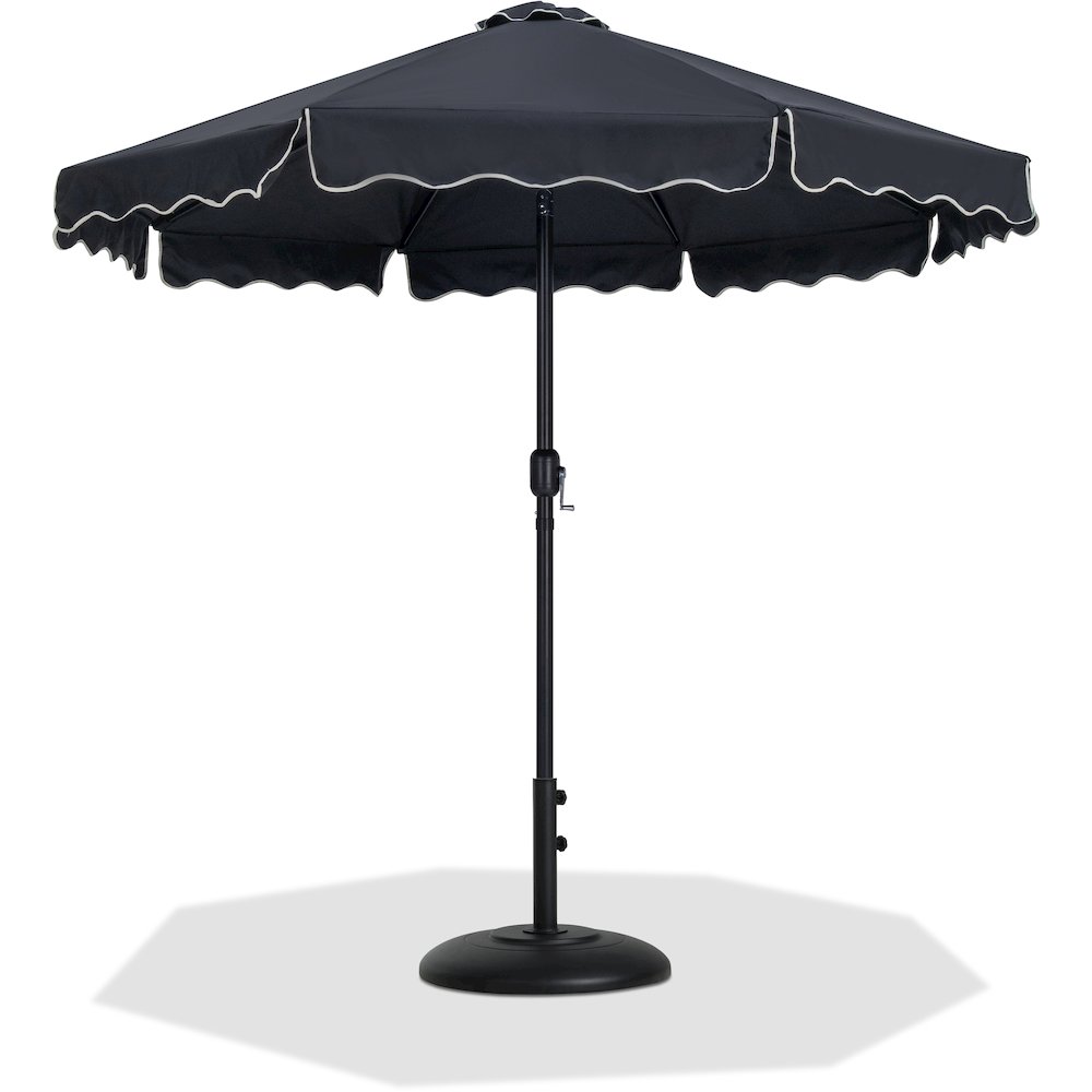 Amalfi Black With Cream Piping / Matte Black Metal Patio Umbrella with Base Sets. Picture 1