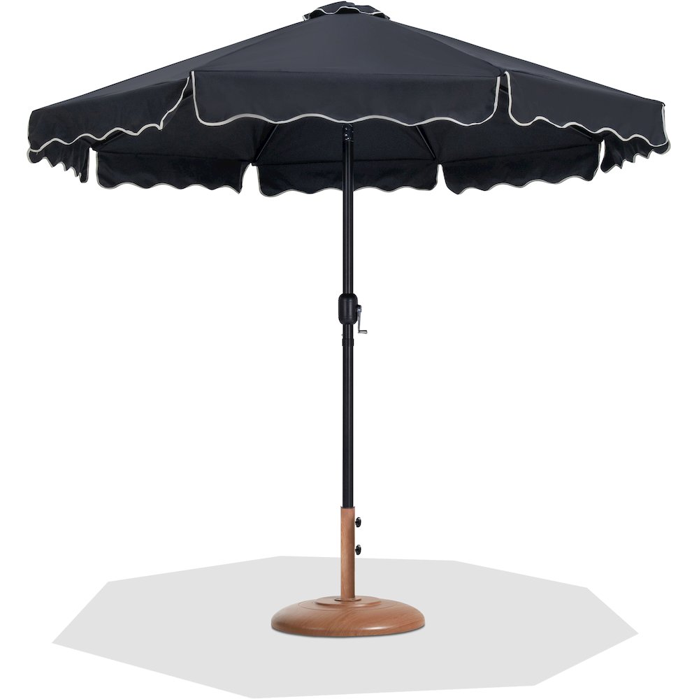 Amalfi Black With Cream Piping / Teak Metal Patio Umbrella with Base Sets. Picture 1