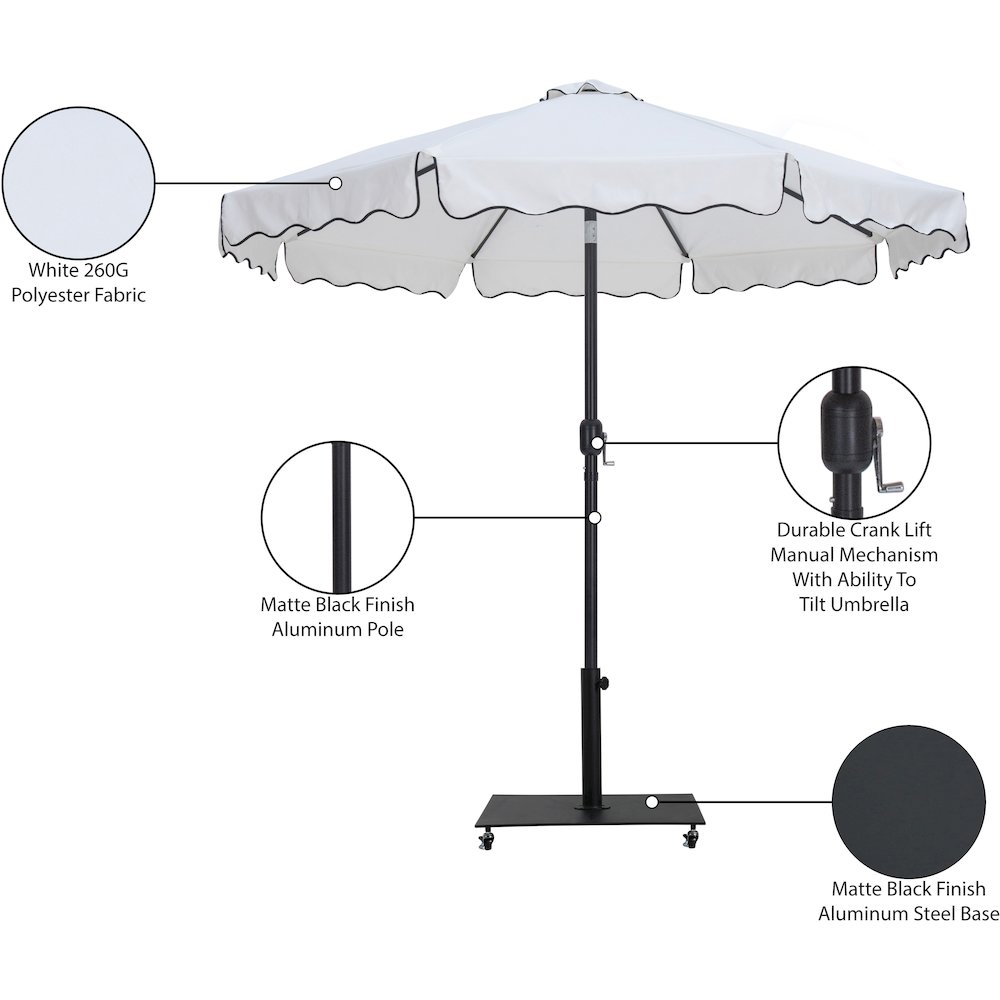 Amalfi White With Black Piping / Matte Black Metal Patio Umbrella with Base Sets. Picture 18