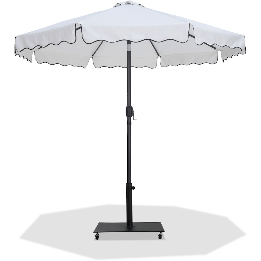 Amalfi White With Black Piping / Matte Black Metal Patio Umbrella with Base Sets. Picture 1