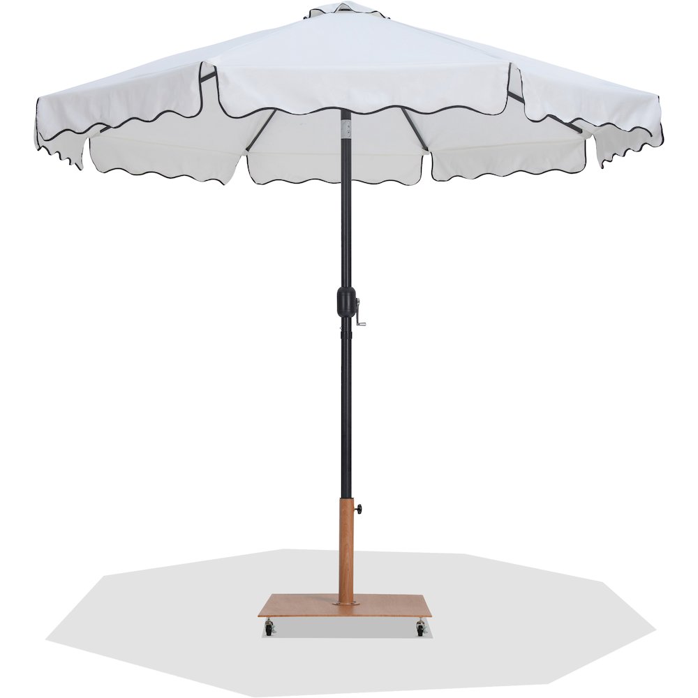 Amalfi White With Black Piping / Teak Metal Patio Umbrella with Base Sets. Picture 1