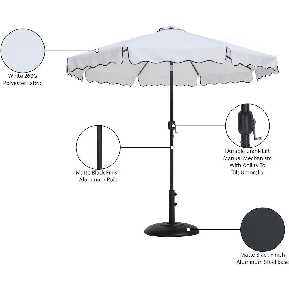 Amalfi White With Black Piping / Matte Black Metal Patio Umbrella with Base Sets. Picture 16
