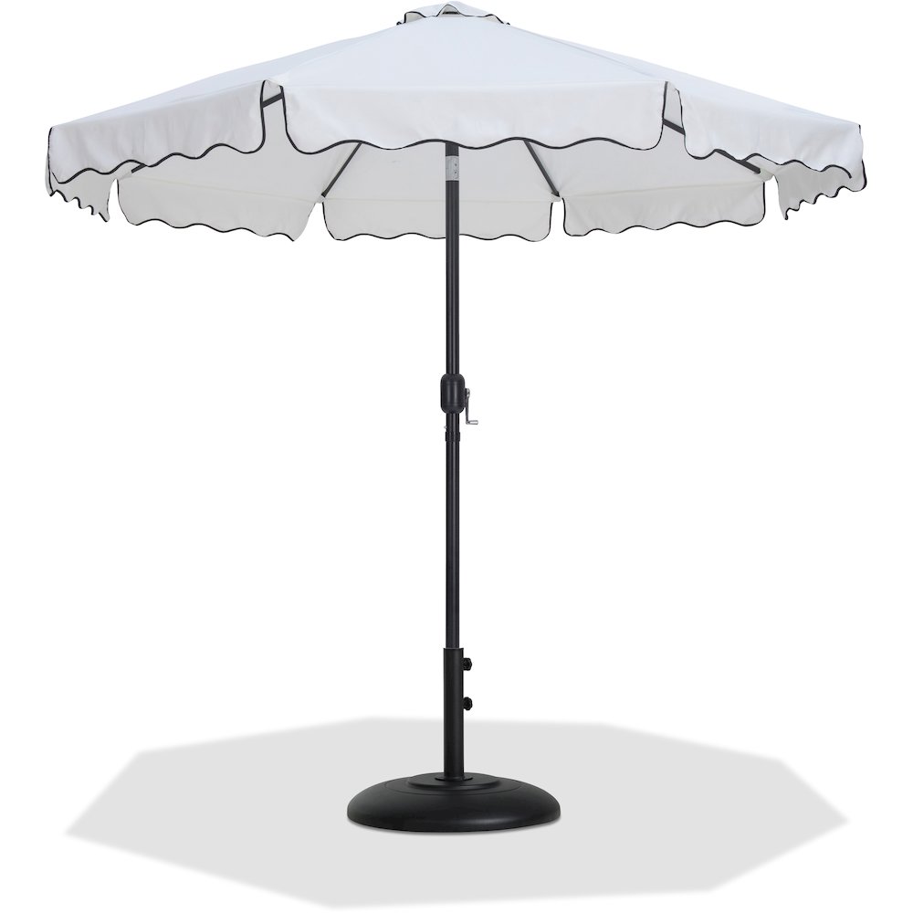 Amalfi White With Black Piping / Matte Black Metal Patio Umbrella with Base Sets. Picture 1