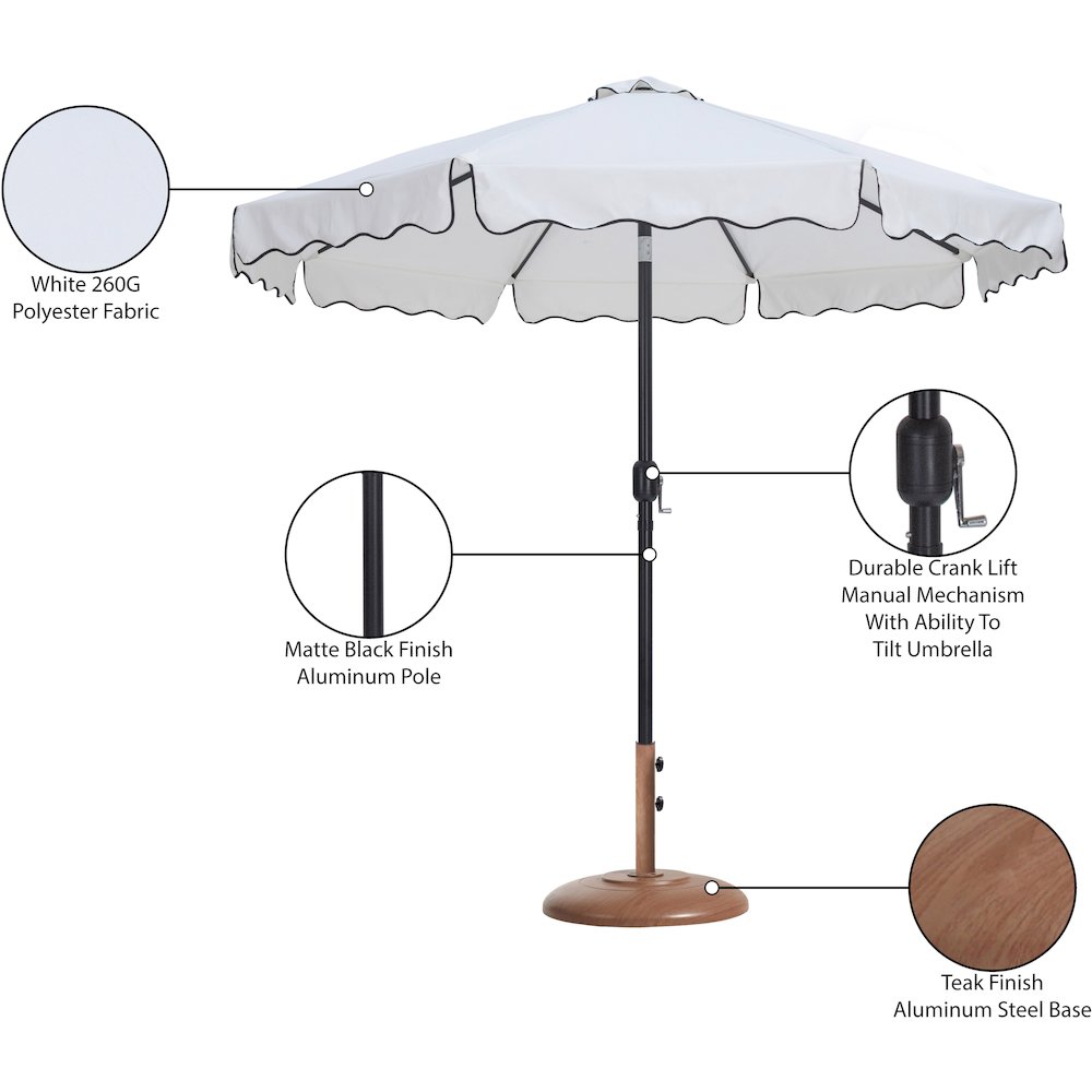 Amalfi White With Black Piping / Teak Metal Patio Umbrella with Base Sets. Picture 16