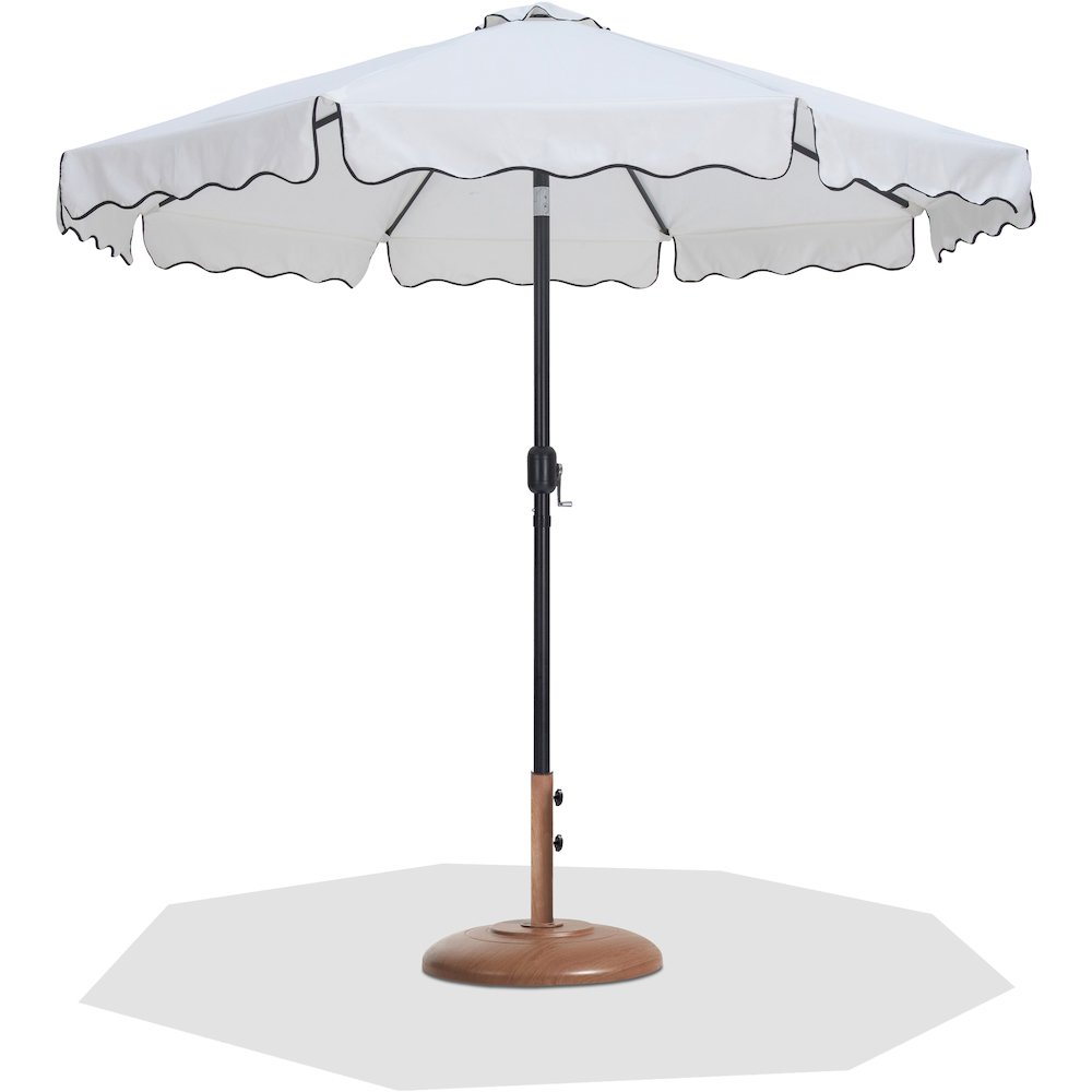 Amalfi White With Black Piping / Teak Metal Patio Umbrella with Base Sets. Picture 1