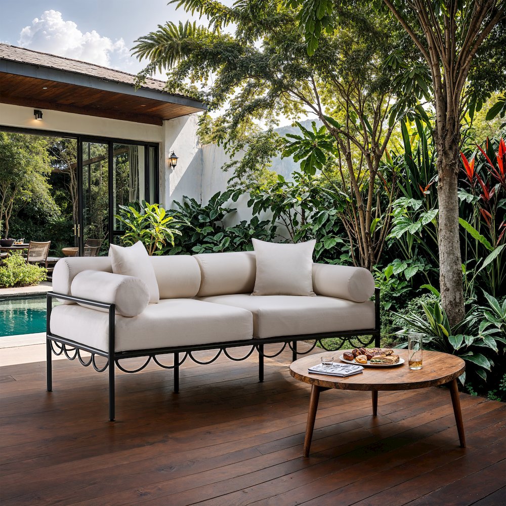 Portofino 69.75" Cream Water Repellent Fabric Outdoor Loveseat. Picture 7