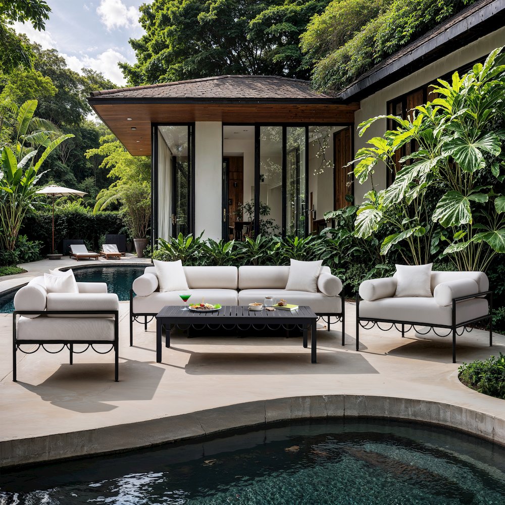 Portofino 69.75" Cream Water Repellent Fabric Outdoor Loveseat. Picture 9