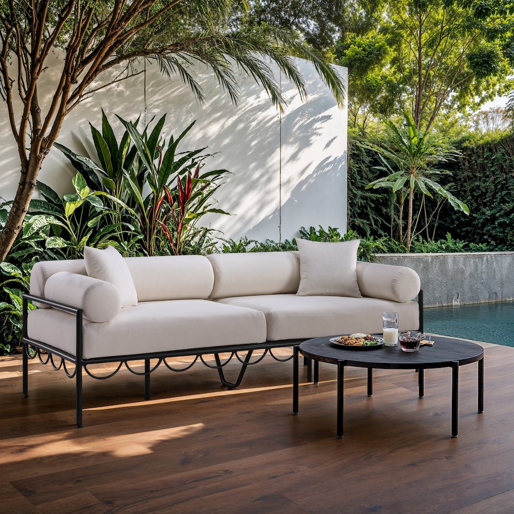 Portofino 85.75" Cream Water Repellent Fabric Outdoor Sofa. Picture 7