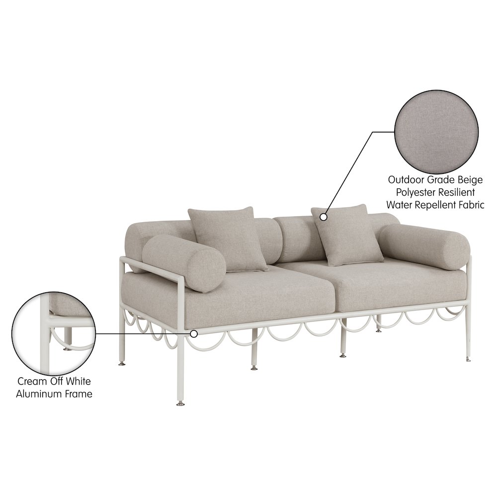 Portofino 69.75" Beige Water Repellent Fabric Outdoor Loveseat. Picture 6