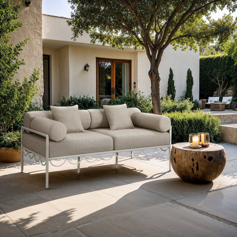 Portofino 69.75" Beige Water Repellent Fabric Outdoor Loveseat. Picture 7