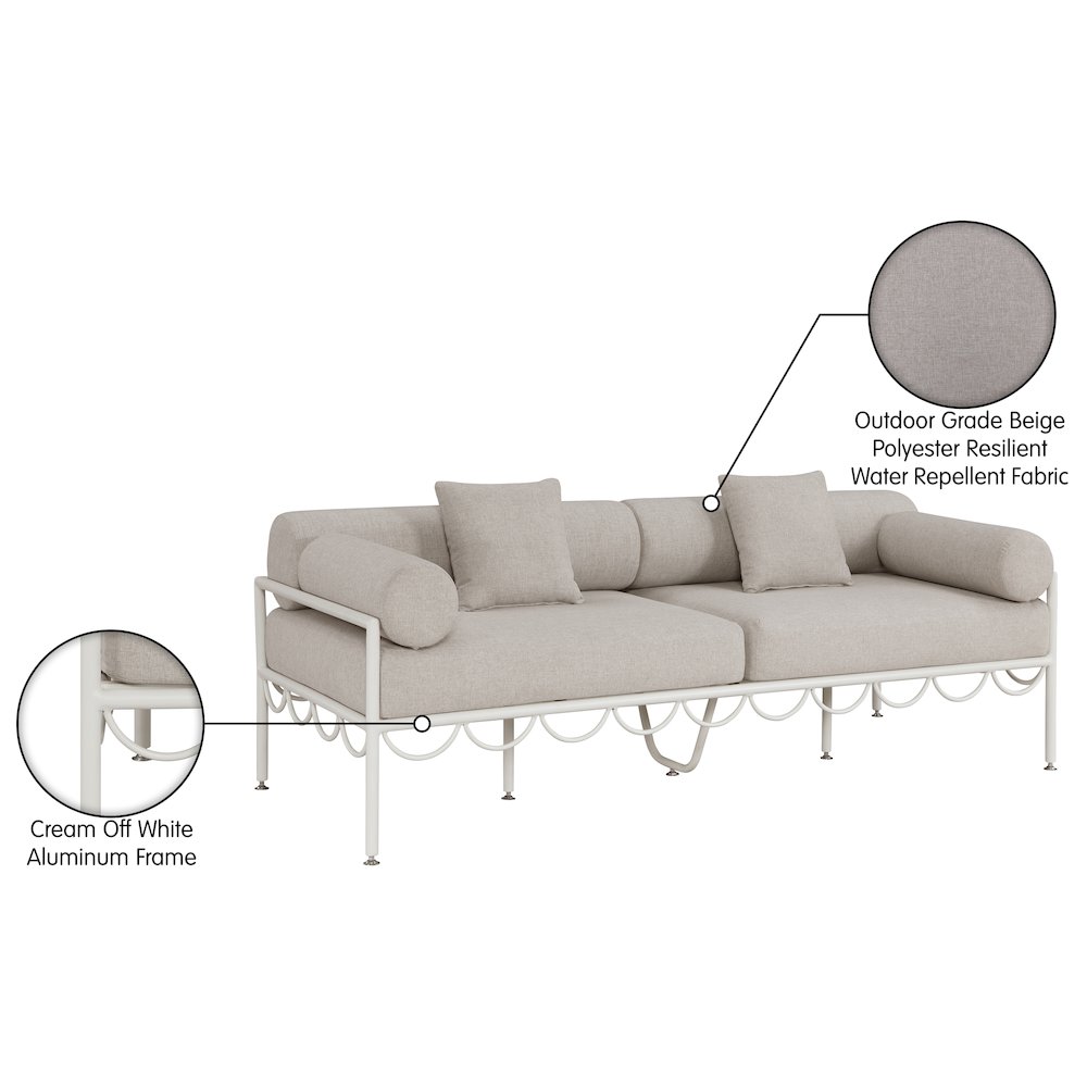 Portofino 85.75" Beige Water Repellent Fabric Outdoor Sofa. Picture 6