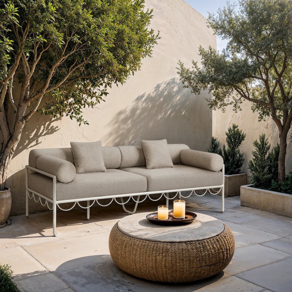 Portofino 85.75" Beige Water Repellent Fabric Outdoor Sofa. Picture 7