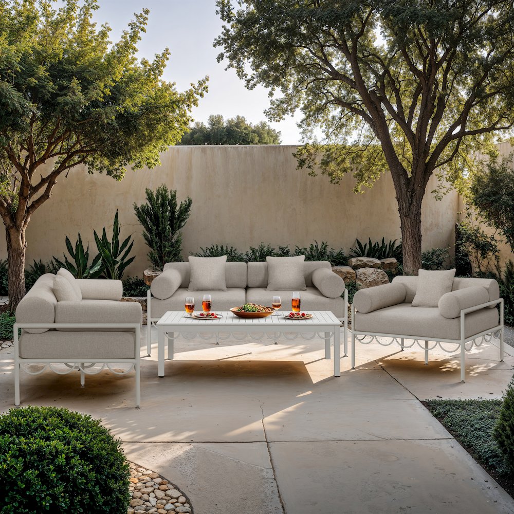 Portofino 85.75" Beige Water Repellent Fabric Outdoor Sofa. Picture 9