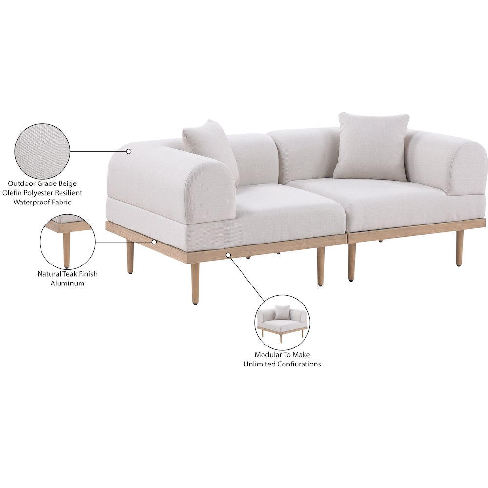 Laguna 71" Beige Water Resistant Fabric 2pc. Outdoor Modular Loveseat. Picture 4