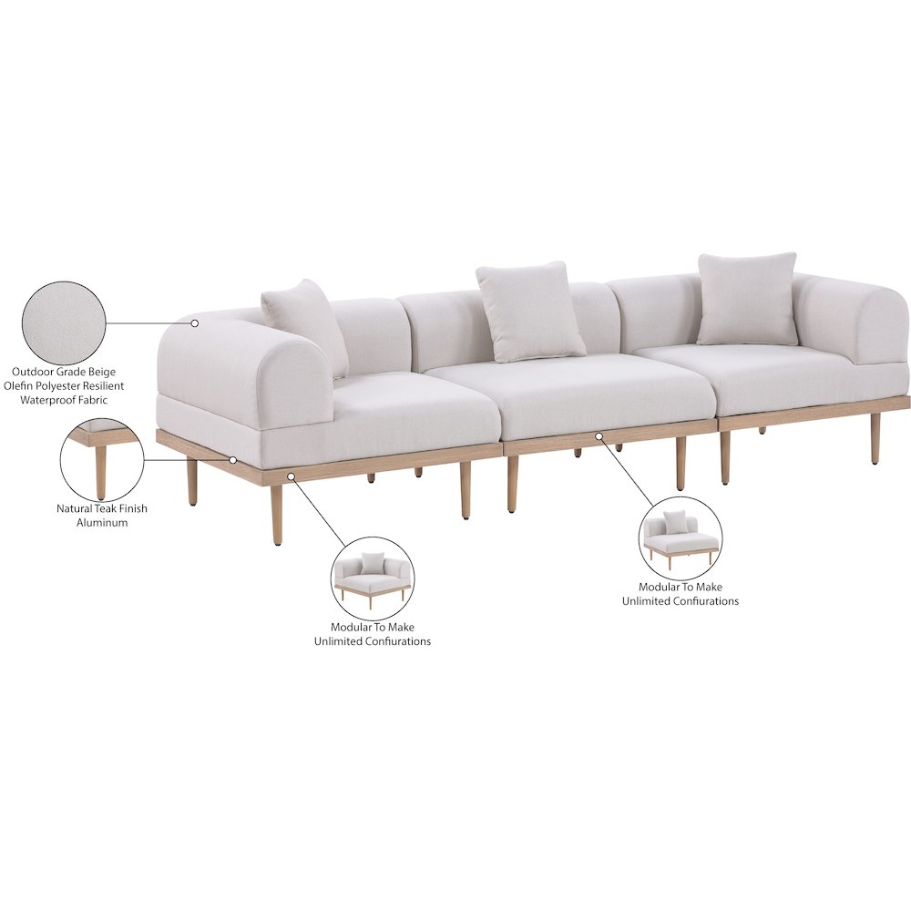 Laguna 106.5" Beige Water Resistant Fabric 3pc. Outdoor Modular Sofa. Picture 4