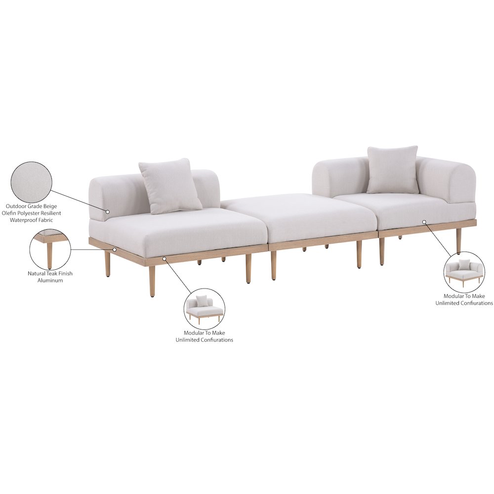 Laguna 106.5" Beige Water Resistant Fabric 3pc. Outdoor Modular Sofa. Picture 4