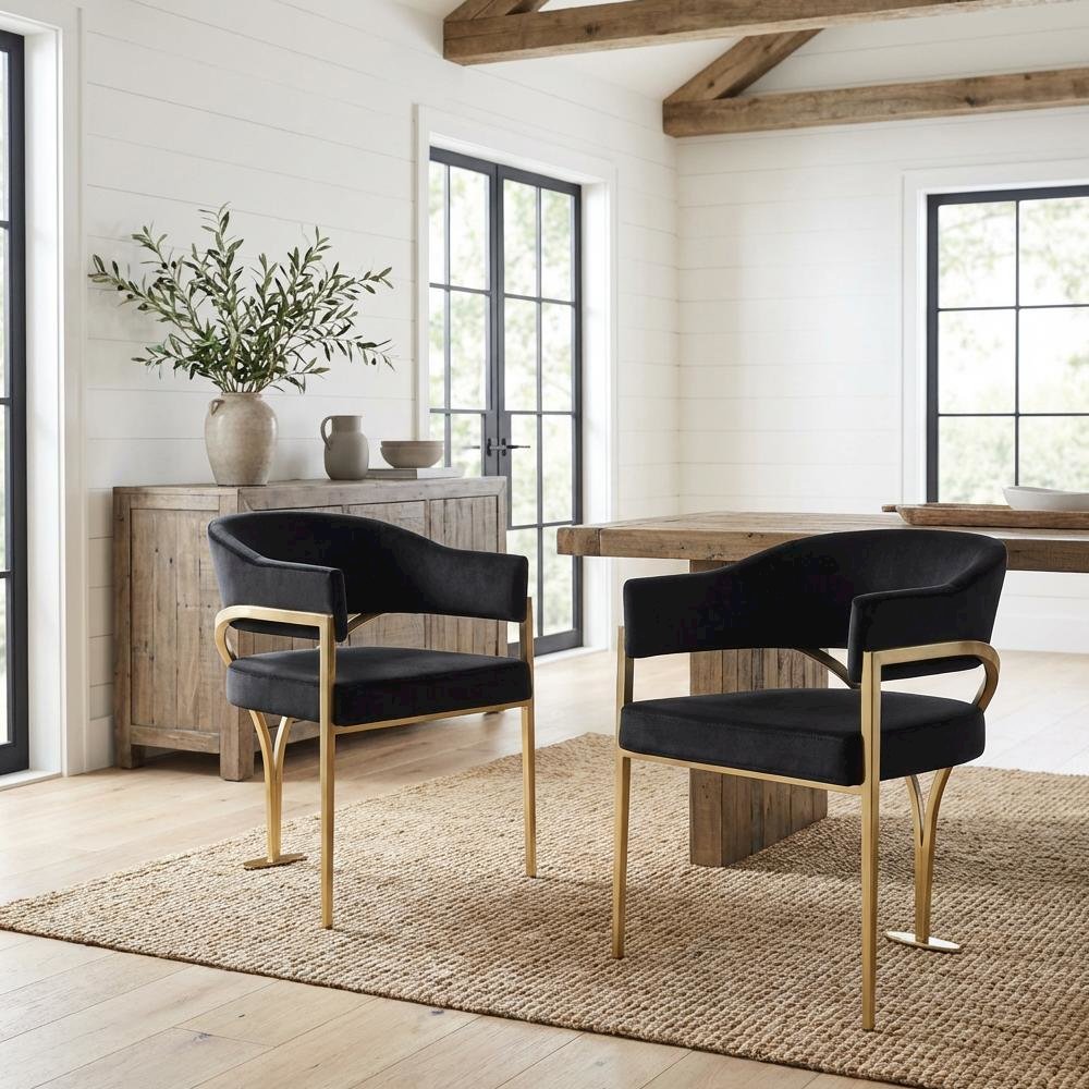 Gold Upholstered Dining Chairs Set of 2 with Armrests and Contemporary Design. Picture 2