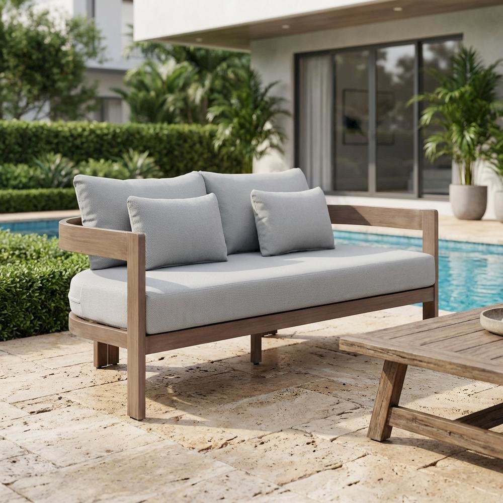 Gray Fabric Upholstered Outdoor Patio Loveseat with Cushions, Contemporary Style. Picture 3