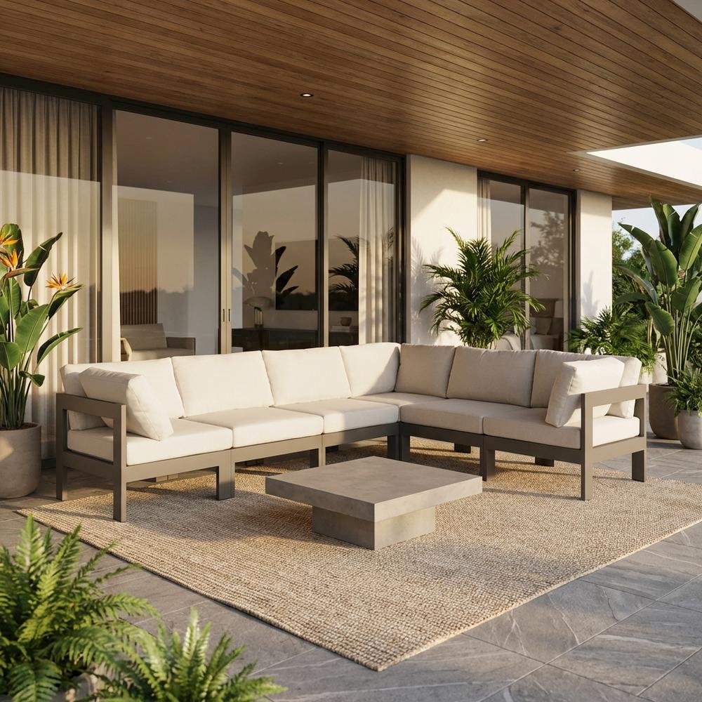 White Fabric Outdoor Patio Modular Sectional With Contemporary Style. Picture 2