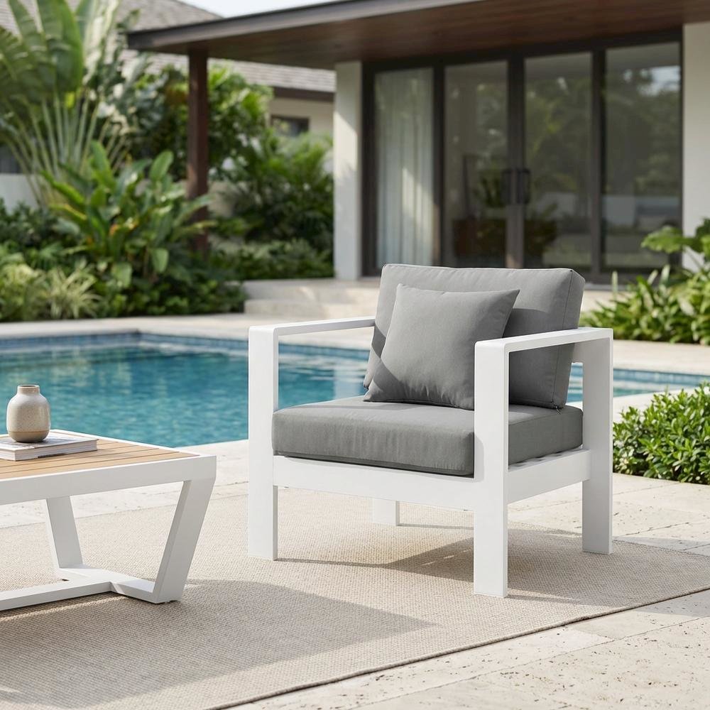 Gray Fabric Outdoor Patio Aluminum Armchair, Cushioned Seat, Contemporary Style. Picture 3