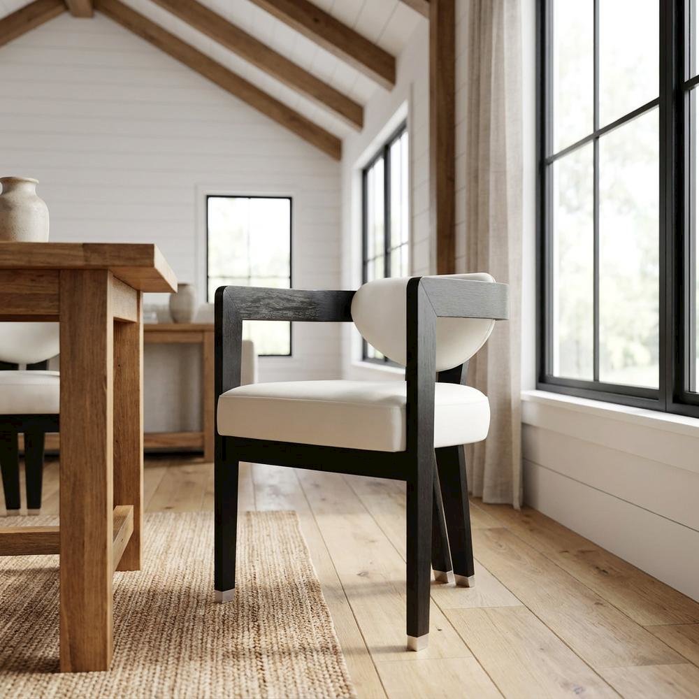 Vegan Leather Upholstered Dining Chair with Rubberwood Legs, Cream Vegan Leather. Picture 2